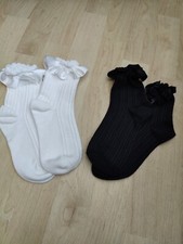 Ladies Socks 2 Pairs Black White Frilly Trim