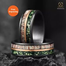 Mens Wedding Band - Engagement/Promise Ring, Moss Agate, Deer Antler & Meteorite