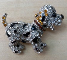 Cute Vintage Style Puppy Dog Brooch Pin Black White Sparkly Dalmatian