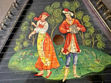 Russian Wooden Hand Painted Folk Scene Signed Lap Harp Zither - Never Used