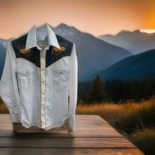 Men's Ranch House Western Wear Cowboy Shirt Size M Cowboy Pearl Snap Embroidery