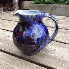 Small Vintage Blue & Red Marled Glaze Studio Pottery Jug Holds 1 Pint