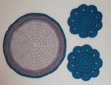Handmade Crochet Placemat/Dolie 8 & Coaster - Teal Blue/Cotton/