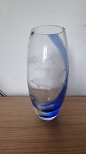 Caithness Scotland etched "Blue Paradise Dolphin" glass vase