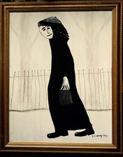 AFTER L.S. LOWRY "LADY WALKING BESIDE A FENCE CARRYING A BAG"