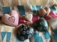 5 X Hand Carved Soapstone Heart Paperweight Etched Flowers Puffy Heart Stone