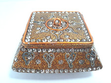 Pier 1 Jewelry Trinket Box India Ornate Copper Rhinestone Handmade Hearts Vtg