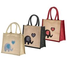 Jute Hessian Lunch Gift Bag / Small Shopper / Tote - Decorated Elephant Design