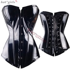 Black Dazzle PVC SteamPunk Corset Waist Trainer Cincher Burlesque Basque Tops UK