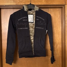 Aeropostale Faux Fur Lined Zip Up Hoodie Black Y2K Style