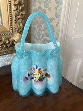 LARGE VINTAGE MURANO BLUE GLASS HANDBAG BASKET WITH COLOURED DECORATION