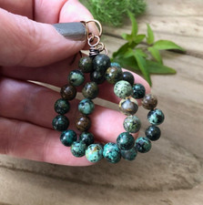 African Turquoise Dangle Hoop Earrings. Green Stone Beads & Copper. Hippie Boho