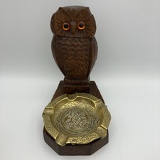 Black Forest Carved Owl Brass Afro-Moresque Ashtray Glass Eyes H: 18cm Antique 