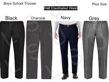 KIDS SCHOOL TROUSERS STURDY FIT PLUS SIZE HALF ELASTICATED 4/5Y UP TO 17Y