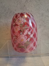 Fenton Fairy Lamp Glass  Cover Only Red Floral  Diamond Optic Hand Painted