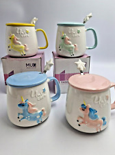 2 Unicorn Ceramic Hot Drinks Mugs with Spoon & Lid Tea Coffee Hot Beverage Gift