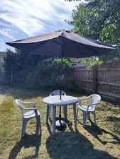 Plastic Patio Garden Furniture Set + Parasol Umbrella - 4 Chairs & 1 Table Grey