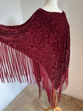 Besarani burgundy poncho Devore Silk Velvet  Shawl  OneSize  tassels