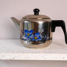Vintage Stainless Steel Teapot with Blue Floral Design | Mid-Century Kettle