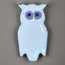 Vintage Owl Brooch White Enamel On Copper Ghost Owl Millefiori Glass Eyes