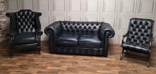 chesterfield suite 3 seater Queen Ann, & slipper  chairs  in rich antique blue 