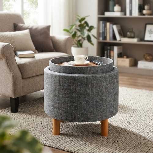 Stylish round grey ottoman - stylish,