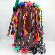Bhangra Dhol Punjabi Dance Drum with Stick Wood Brown Multicoloured FLT30-DM