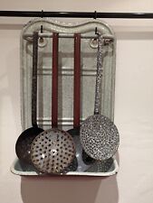 Vintage French Enamel Utensil Rack With Drip Tray And Ladles / Strainer / Spoon