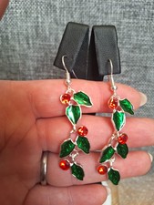 Silver Hook Earrings with Holly Charm. Silver Red and Green Colour Christmas