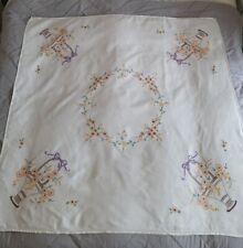 vintage floral Basket embroidered Yellow Orange Linen tablecloth  51" x 51" 