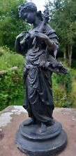 Spelter Lady with Flower Basket and Small Bird ..Antique Statue Figurine