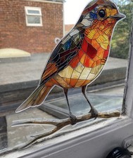 Large Robin Bird On Twig Suncatcher Stained Glass Effect Hanging Window Ornament