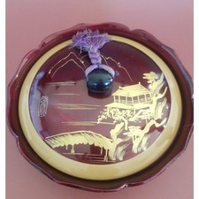 Vintage Lacquer / Wood Japanese Rice Bowl with Lid Burgundy Red And Gold