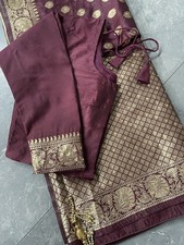Maroon and gold khatan saree with ready made stitched blouse