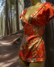 Karen Millen 12 100% Silk Satin Red Floral Oriental Butterfly Garden V Neck  New