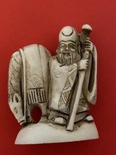 ANTIQUE JAPANESE HIGHLY DETAILED HAND CARVED NETSUKE MAN & STAFF & HORSE 1.75"H