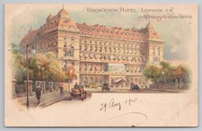 London Postcard - Grosvenor Hotel near Victoria Station, Early Cars 1910