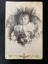 Antique Cabinet Card Photograph Post Mortem Baby Child Casket Flowers Red Hill
