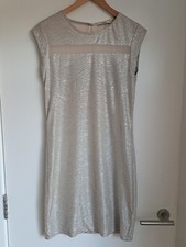 Oasis Gold Shift Dress XS Stretch Sheer Stripe Tunic Back Short Sleeve Worn Once