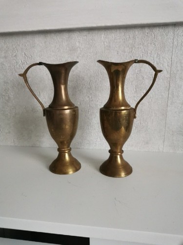Vtg pair solid brass pitchers - vtg,
