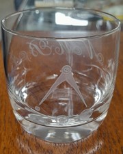 MASONIC GLASS WHISKY TUMBLER ETCHED N M B A WITH  DIVIDERS SYMBOL HEAVY BASE