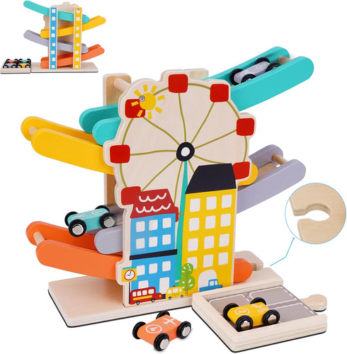 Wooden car ramp playset with - car,