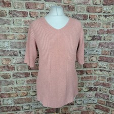 Orvis Pink Jumper Ribbed Womens Small Short Sleeve Silk Blend V-Neck