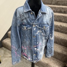 Very Rare Zara Distressed Paint Splatter Denim Jacket L 42