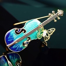 Beautiful Vintage Style BLUE Green ENAMEL VIOLIN GOLD Brooch Pin Jewellery Gift