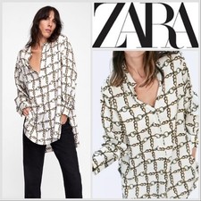 ZARA Ivory Chain Print Longer Tunic Top Size L (UK 18-20) Satin Throw-on Blouse