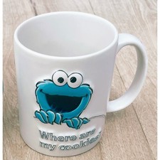  Cookie Monster Coffee Mug Sesame Street embossed white blue port aventura 