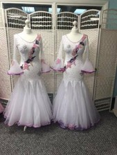 STUNNING WHITE & PINK MOTIF AB HEAVILY STONED BALLROOM DANCE DRESS  REDUCED RAIL