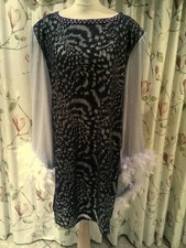 Drag Queen Black/silver SHORT dress, cape sleeves Lilac feathers 16/18