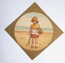Reproduction Victorian Card Happy Birthday Girl walking on Sand basket Diamond